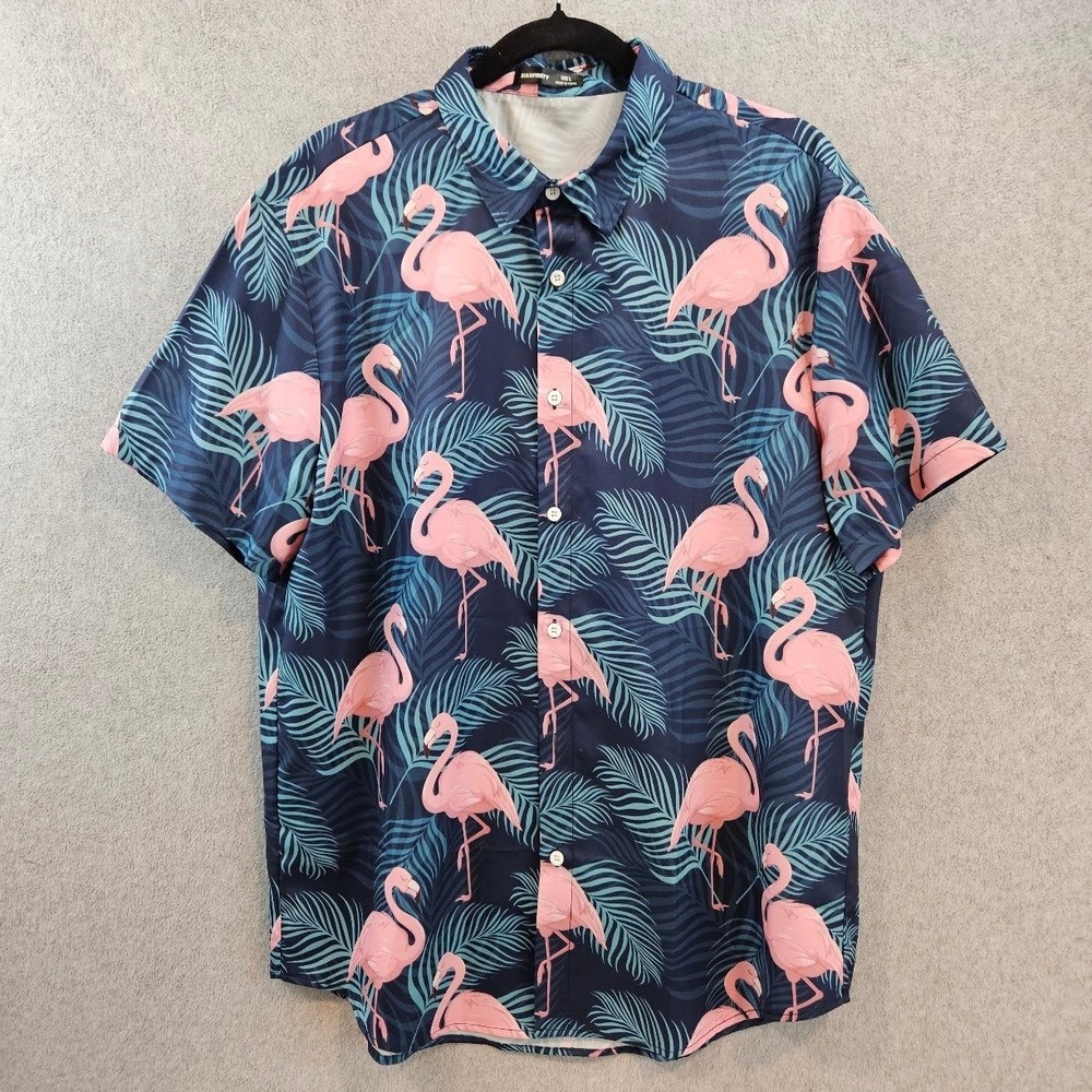 MANFINITY Shirt Mens L Blue Flamingo Tropical Short Sleeve Button Up Beach Wear